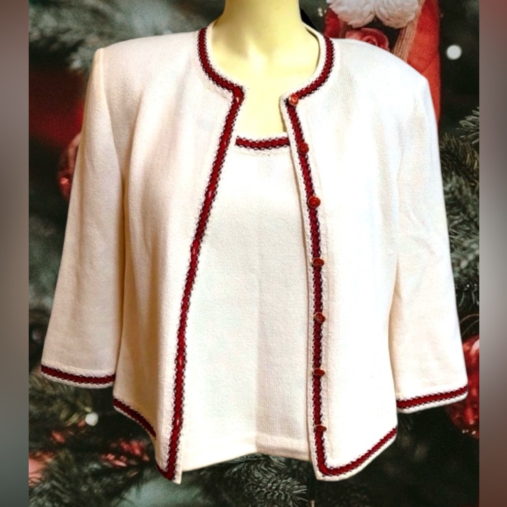 St John 2 piece suit blazer cardigan tank top shirt set size small 6 ivory red